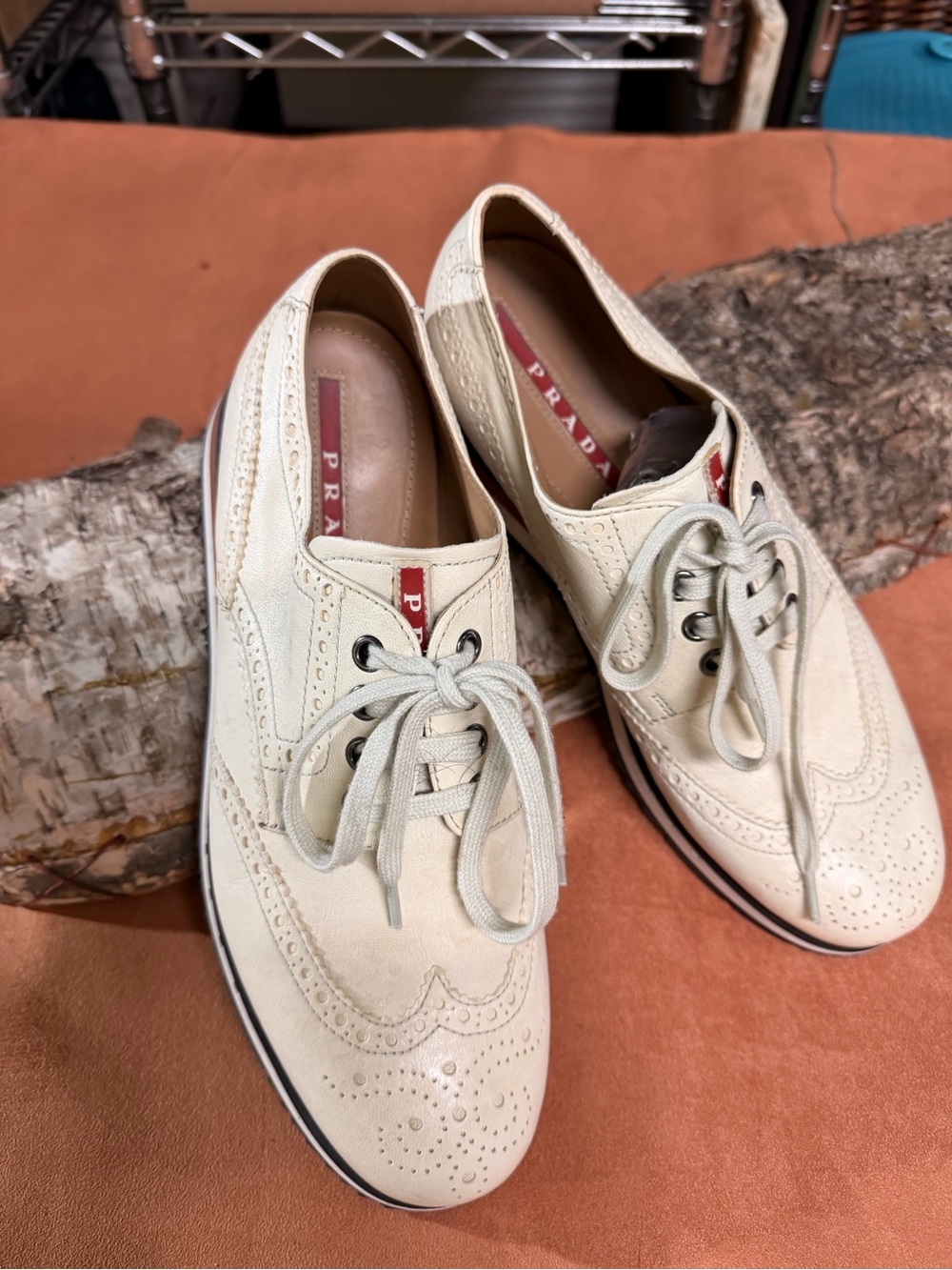 Prada Cream Wingtip Derby Lace-Up Shoes